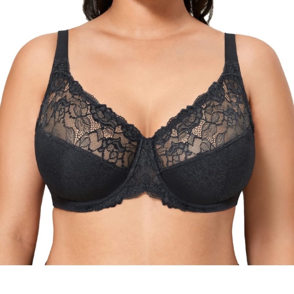Delimira Black Lace Minimizer Bra Underwire Full‎ Coverage Non Padded 38DD